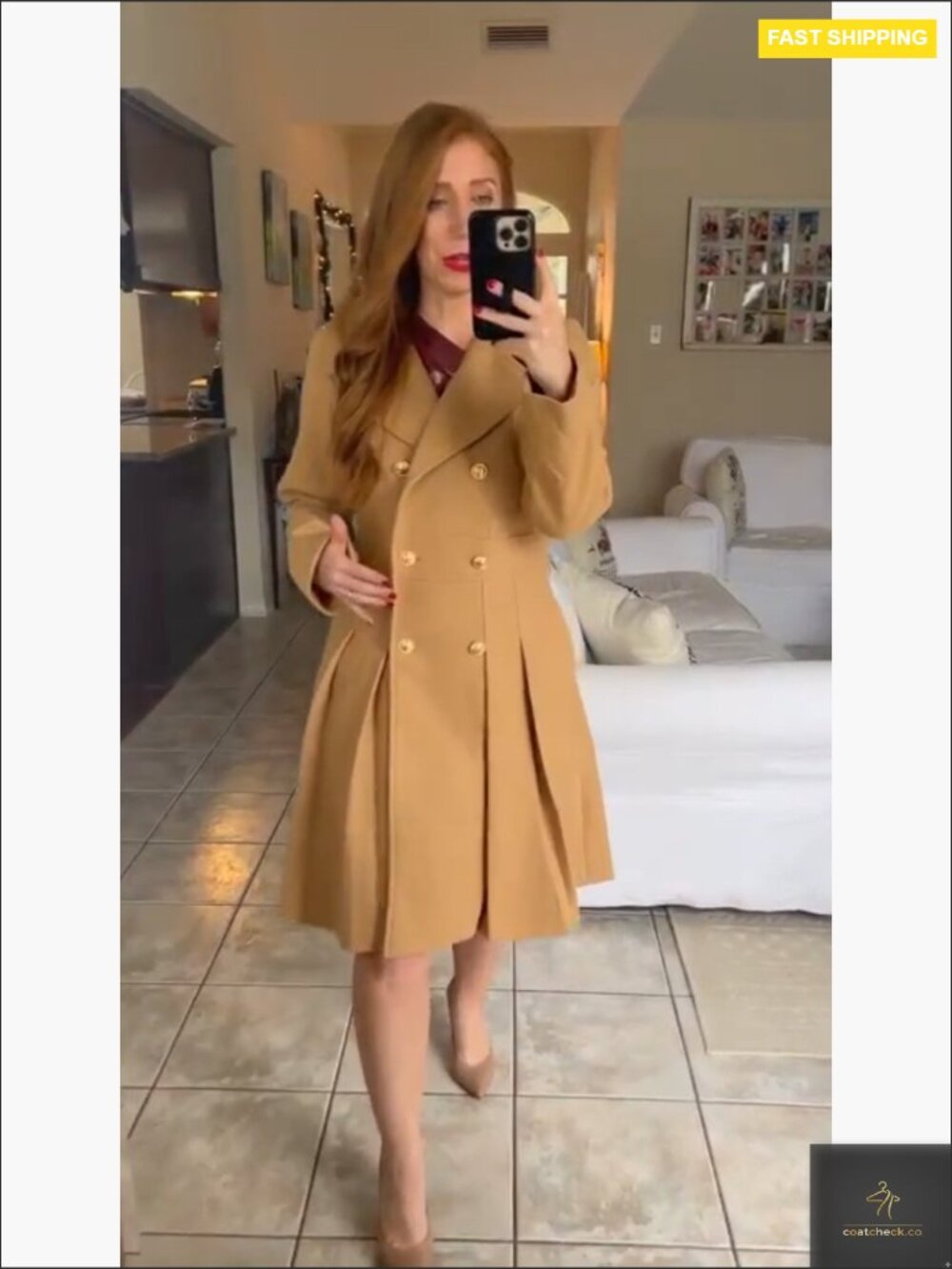 Classic Trench Coat Notch Lapel Double Breasted A-Line Pea Jacket with Pockets - Picture 7 of 7